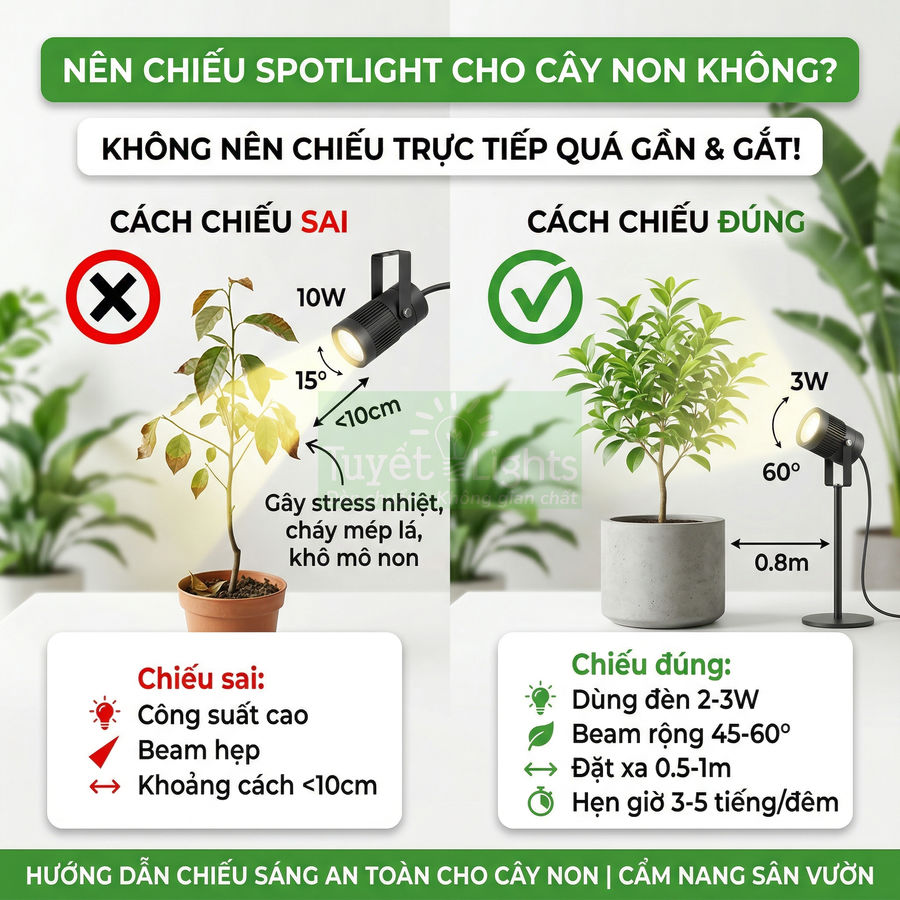 Đèn spotlight sân vườn chiếu sáng cây non, so sánh cách chiếu sai công suất cao và cách chiếu đúng an toàn